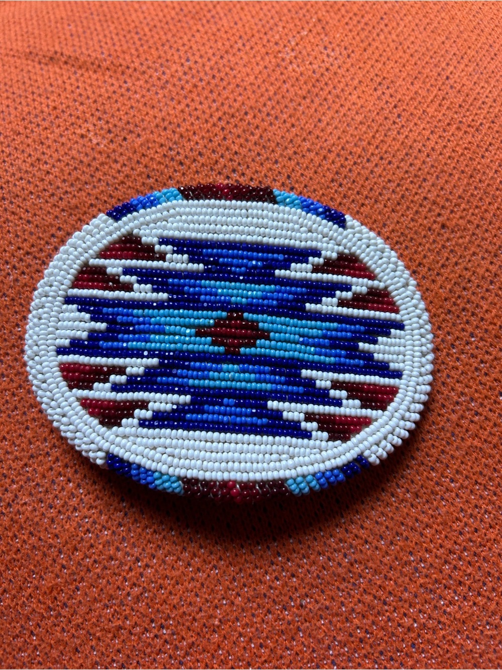 Vintage Hand-Beaded Oval Belt buckle White, Blue & Maroon